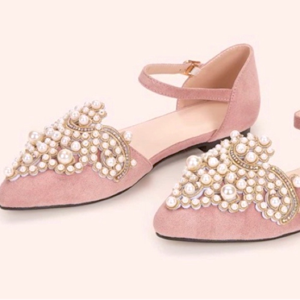 SUEDE OPEN SIDES FLATS Pearl Embellished Pink Almond Toe Shoes Womens SZ 7.5-8